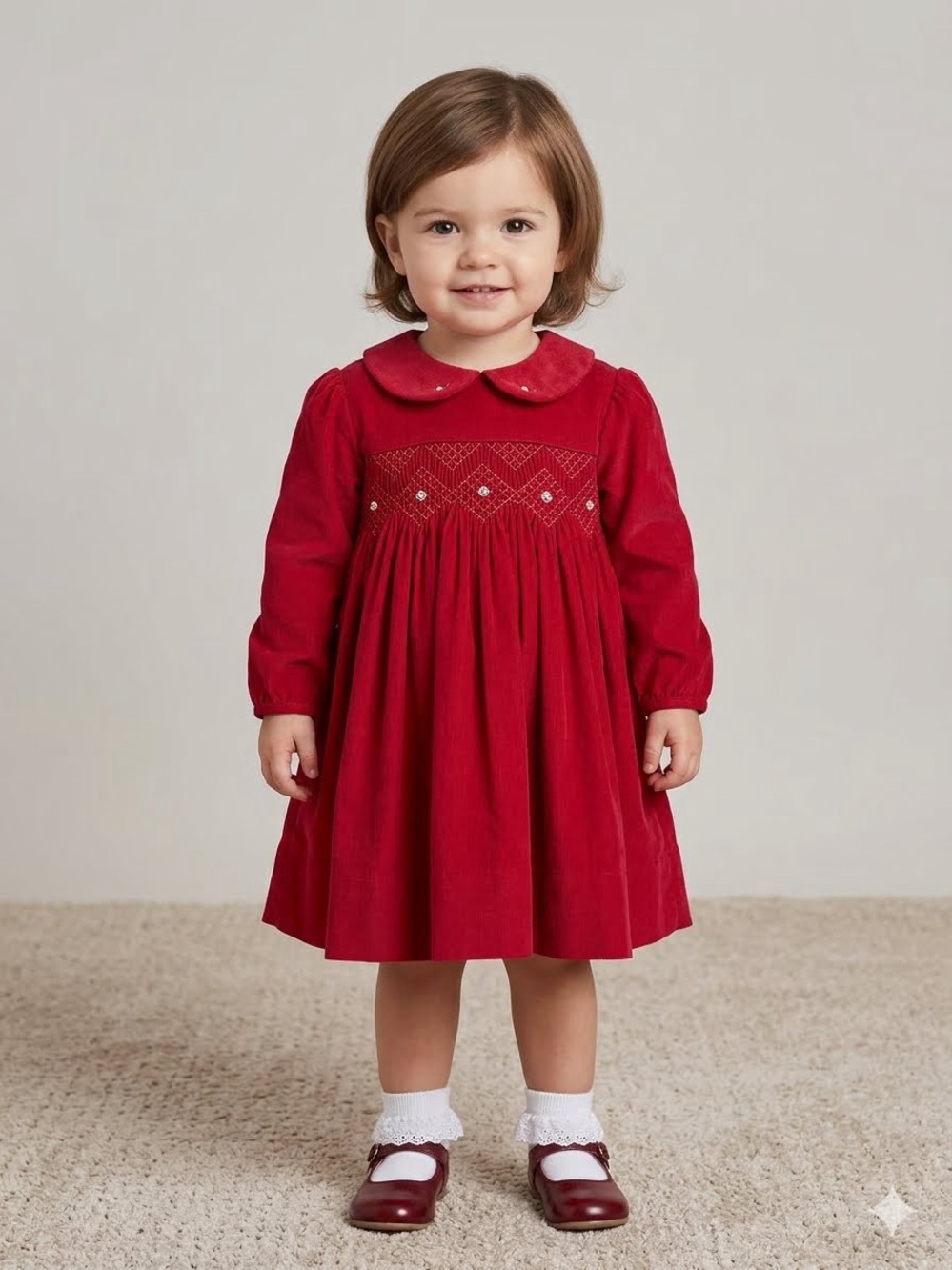 Petit Ami Girls Red Smocked Corduroy Dress with Peter Pan Collar size 12m